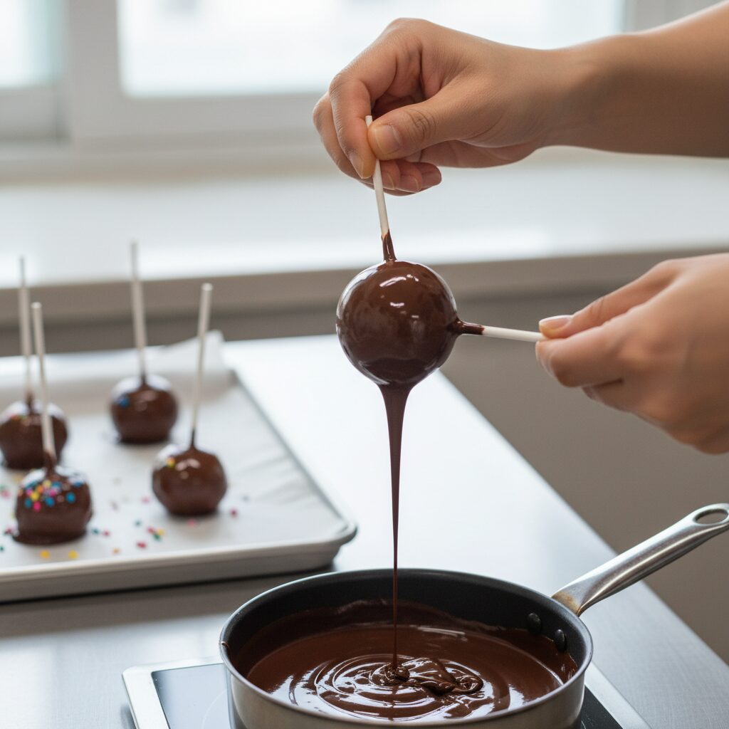 케이크팝 초콜릿 코팅하는 손