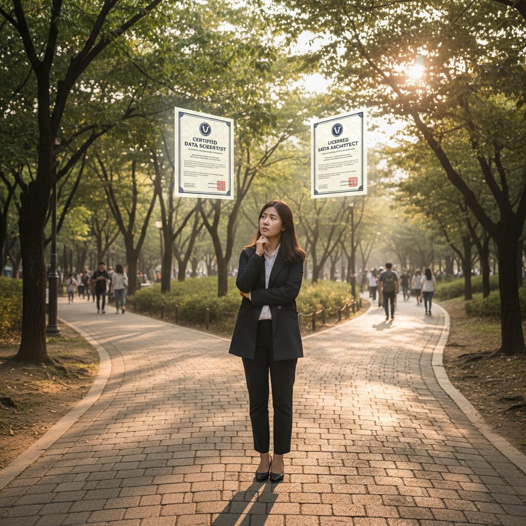 갈림길에서 두 가지 자격증 경로를 생각하는 모습