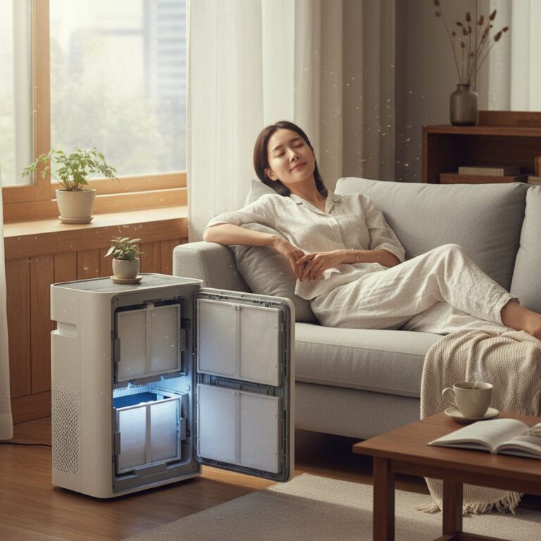 필터를 잘 관리한 공기청정기 옆에서 편안하게 휴식하는 모습
