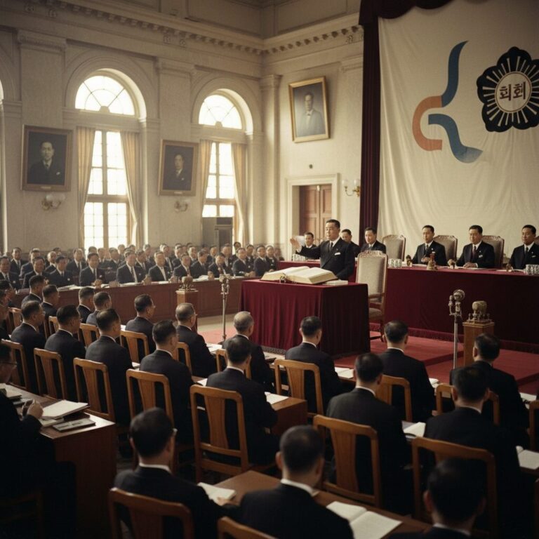 1948년 제헌국회에서 헌법 공포식을 진행하는 역사적 장면