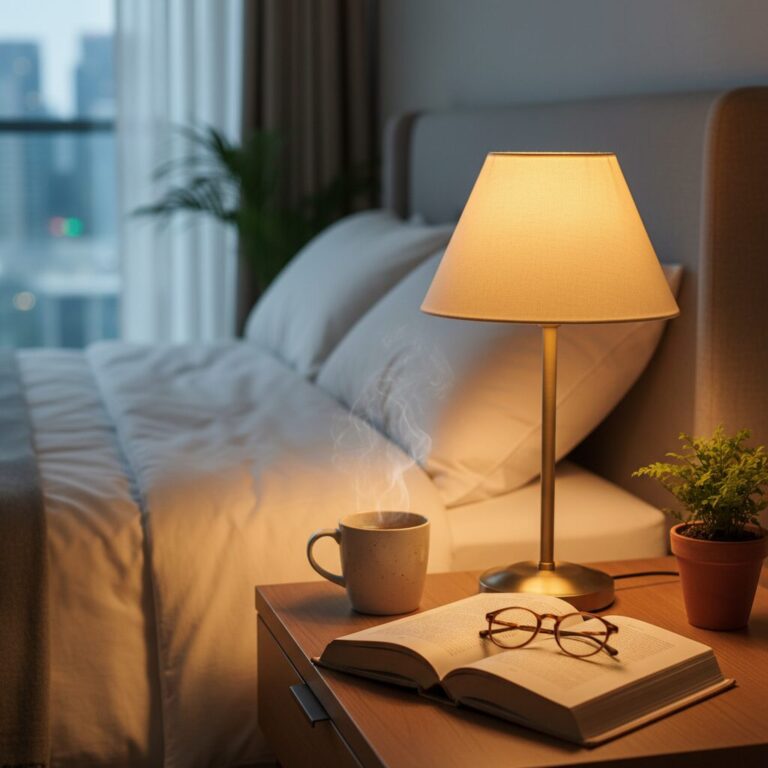 침대 옆 테이블에 놓인 따뜻한 색감의 무드등과 책