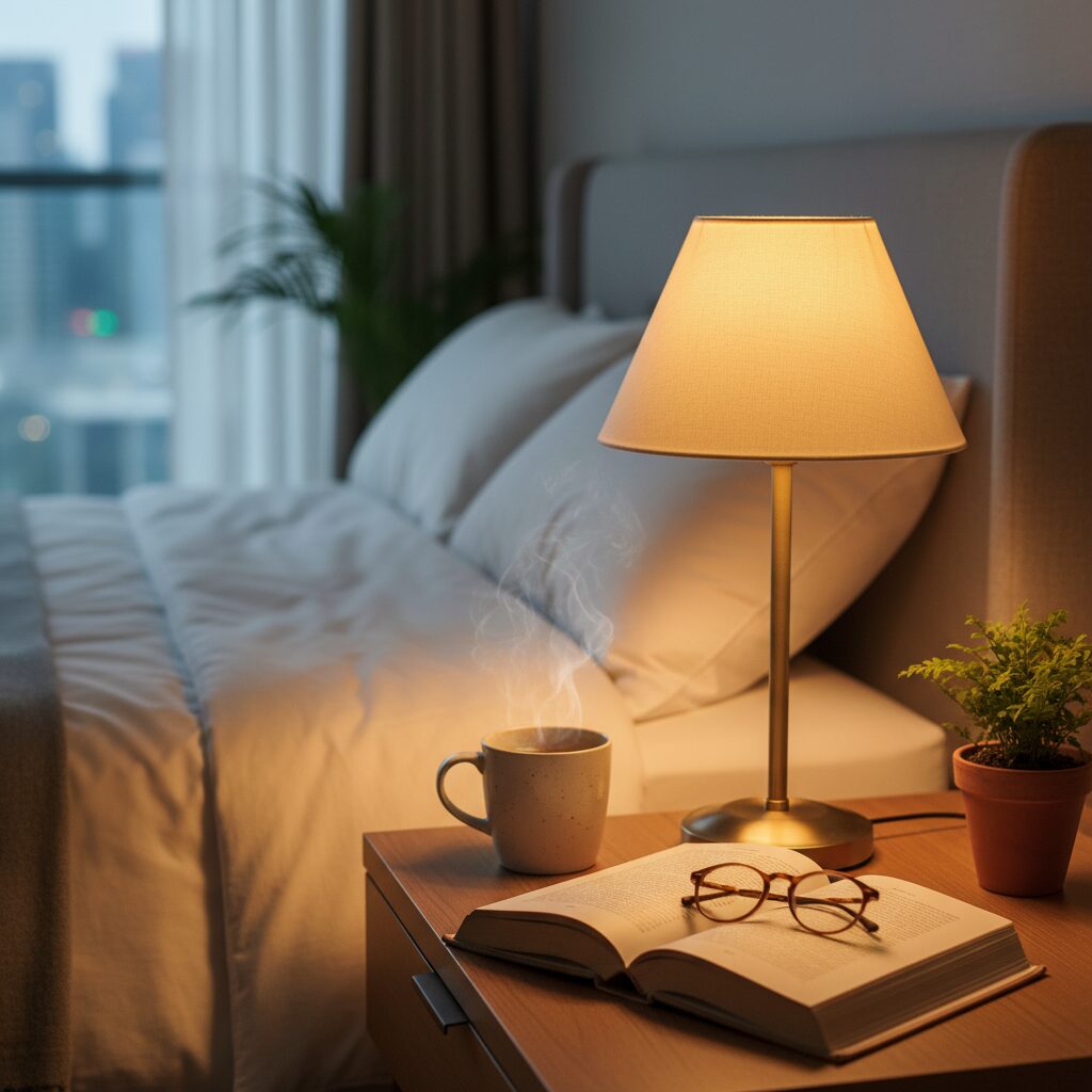 침대 옆 테이블에 놓인 따뜻한 색감의 무드등과 책