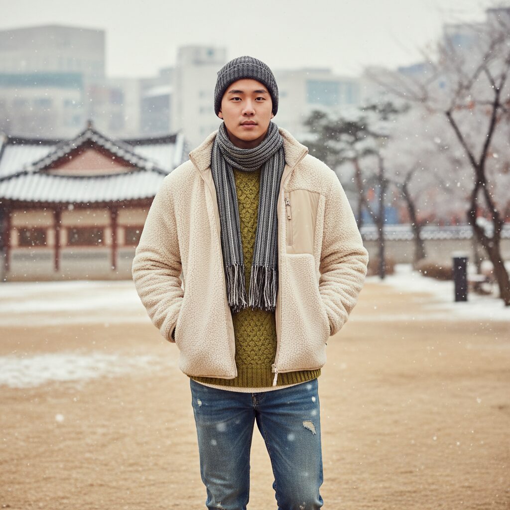 플리스 재킷과 털실 스웨터를 레이어드한 편안한 겨울 코디