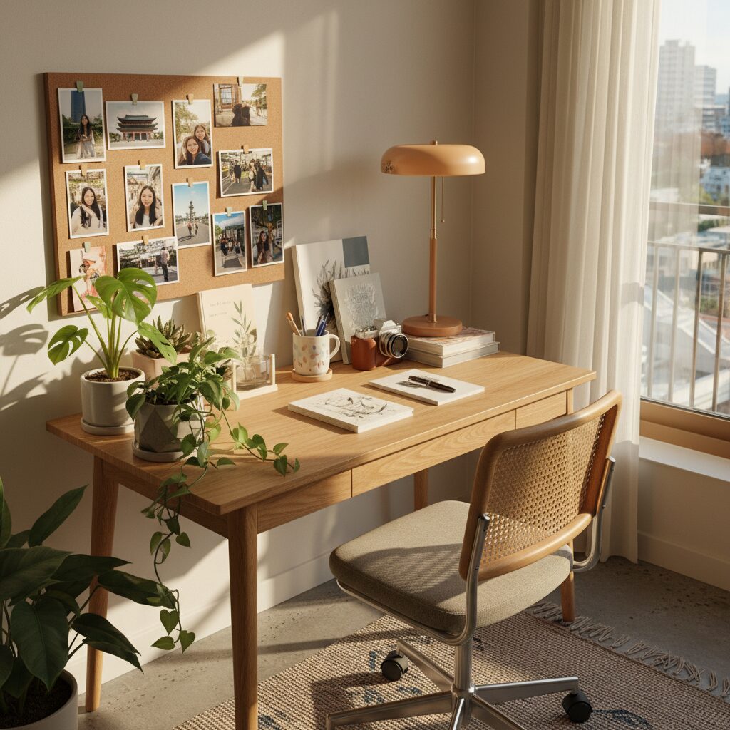 식물과 사진, 소품으로 꾸민 개성 있는 책상 공간