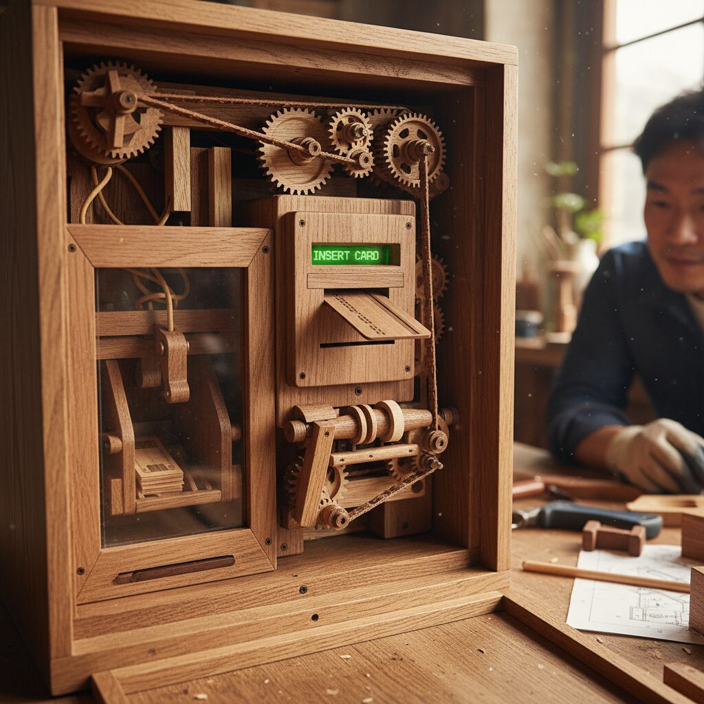 직접 제작한 나무 ATM 기계의 내부 구조와 카드 리더