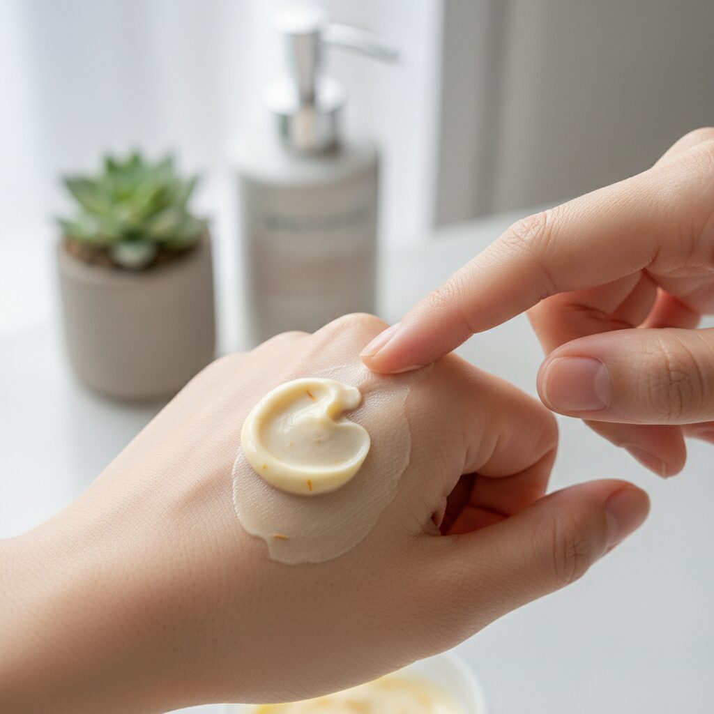 촉촉하고 부드러운 카렌듈라 크림 제형이 손등에 펴발려 있는 모습
