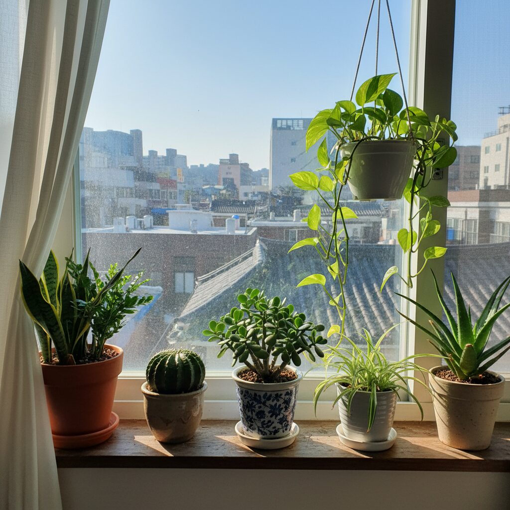 창가에 모아놓은 다양한 키우기 쉬운 실내 식물들