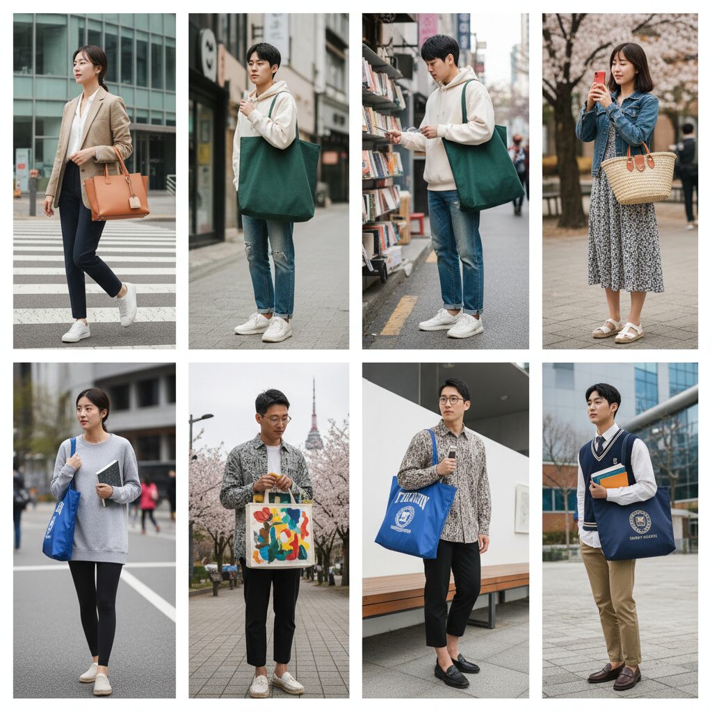 데일리 코디에 토트백을 매치한 다양한 스타일 예시