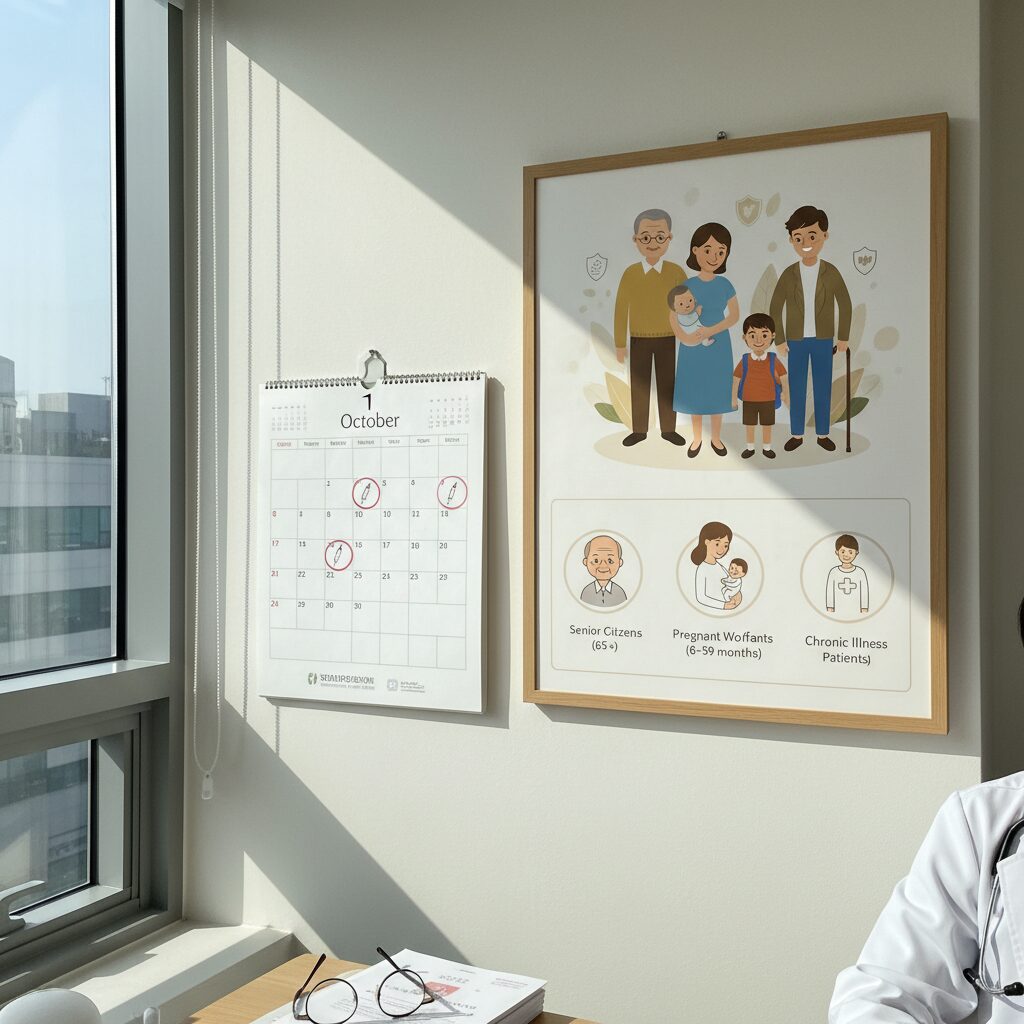 독감 무료 접종 대상자를 나타내는 일러스트와 캘린더