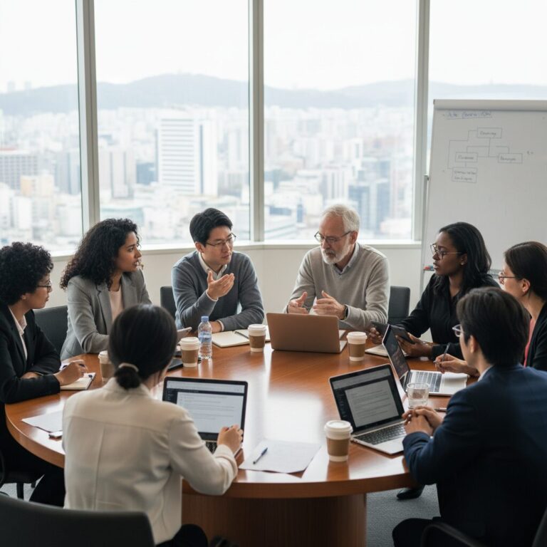 다양한 배경을 가진 사람들이 원탁에 모여 AI 윤리에 대해 토론하는 모습