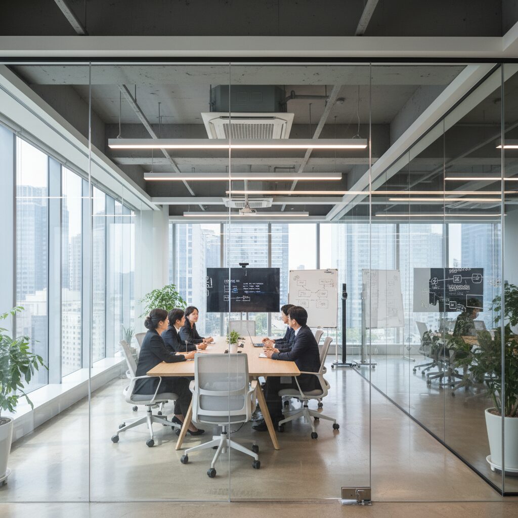 투명 글라스칸막이로 분할되어 밝고 개방적인 회의실 내부