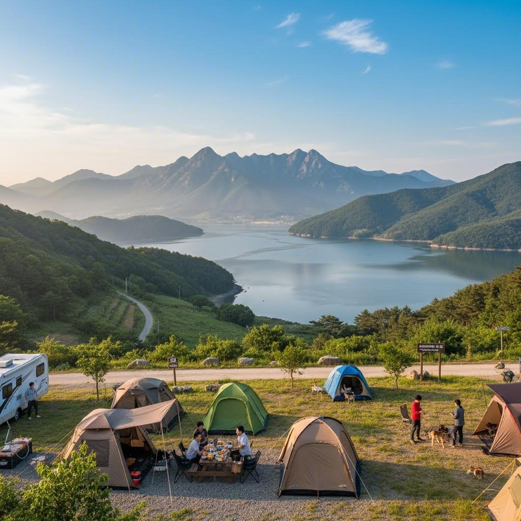 해창만 오토캠핑장에서 바라본 고흥의 팔영산 풍경