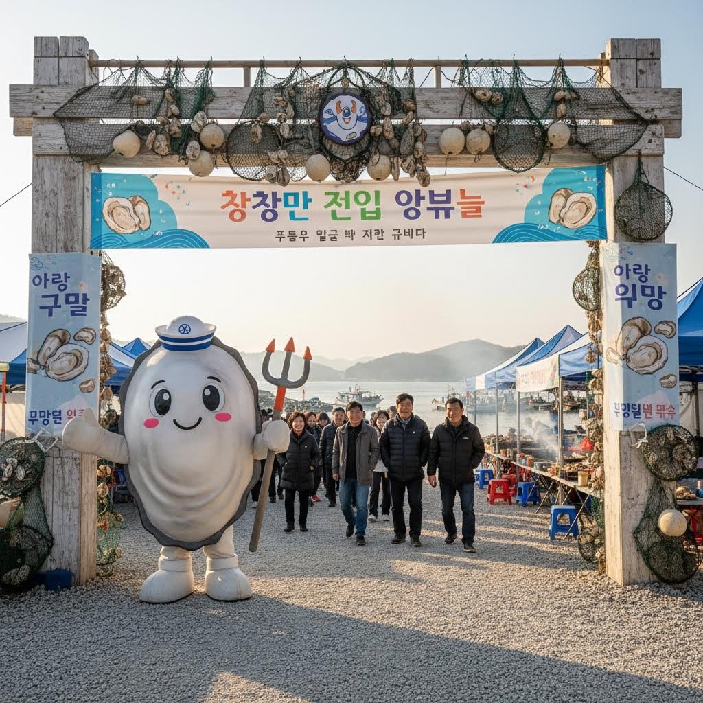 고흥 해창만 굴축제 입구와 귀여운 굴 캐릭터 꾸울이
