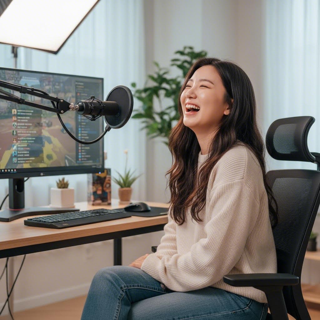 헤이엘사가 방송 중에 웃고 있는 모습