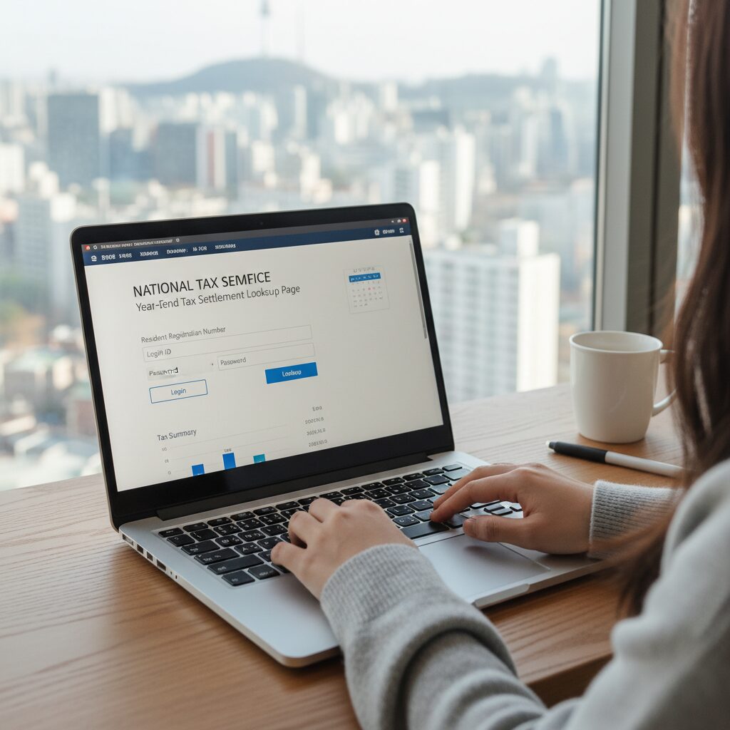 노트북 화면에 국세청 홈택스 연말정산 조회 페이지가 열려 있는 모습