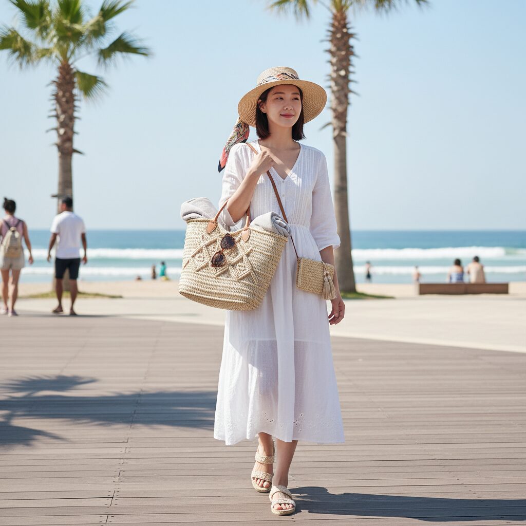 휴양지 여행에 어울리는 백과 캐주얼 의상 코디네이션 예시