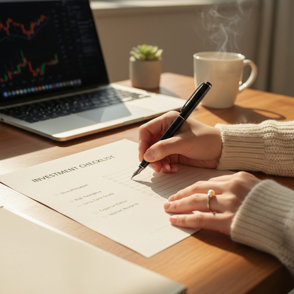 투자 체크리스트를 적는 여자의 손