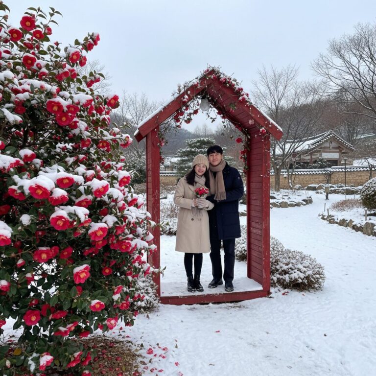 겨울 파더스가든의 동백꽃과 빨간 포토존