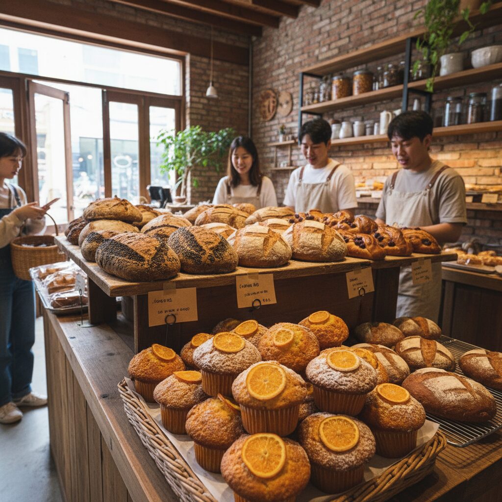 제주 감귤이 듬뿍 들어간 주황색 머핀과 현지 재료로 만든 빵 진열