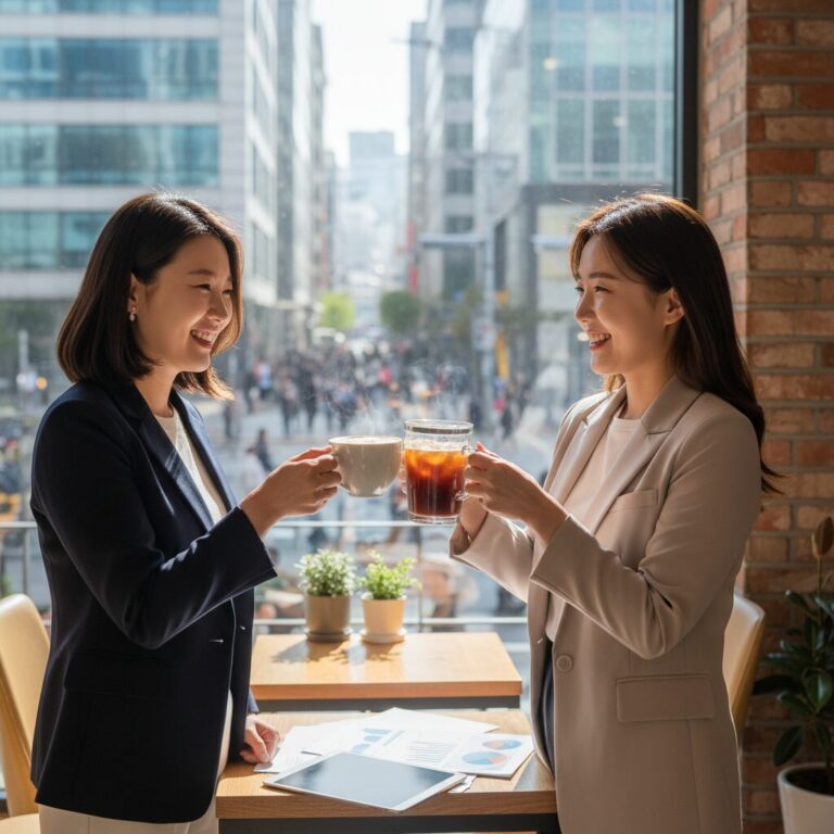 커피를 들고 미소 지으며 성공을 축하하는 두 여성의 모습