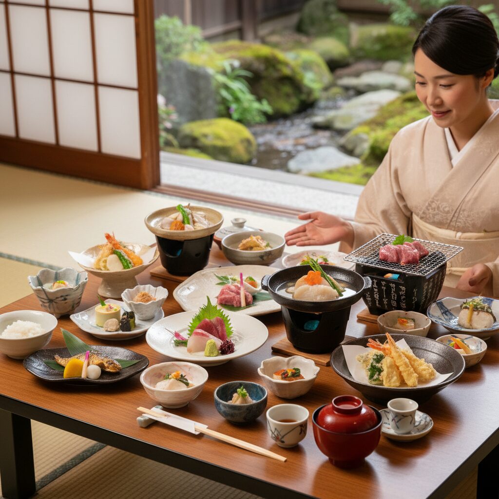 일본 료칸 정통 가이세키 코스 요리 다양한 접시 구성