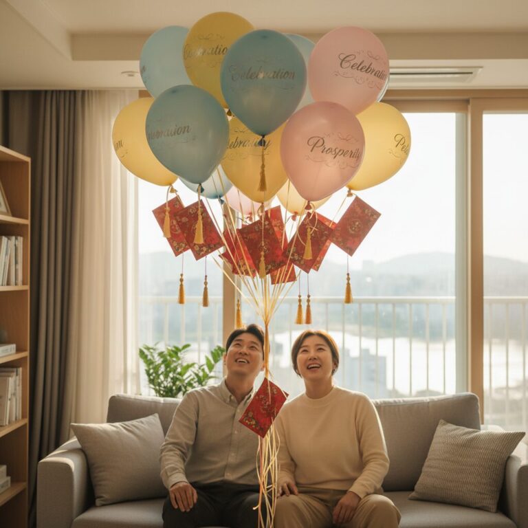 레터링이 된 헬륨 풍선과 아래 매달린 용돈 봉투들