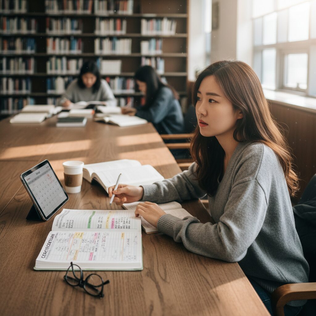 도서관에서 자격증 공부 계획을 세우는 모습