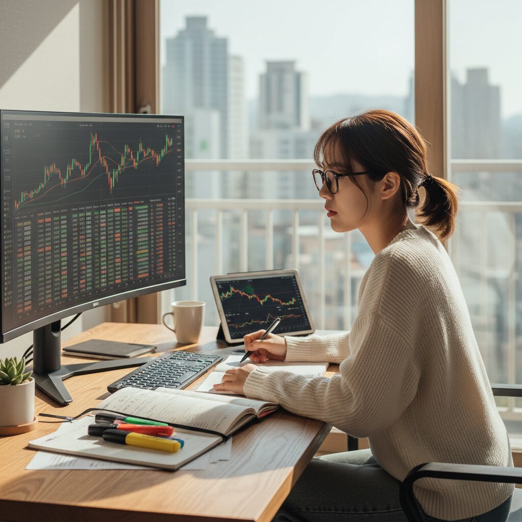 차트를 보며 장기 투자 계획을 세우는 여성