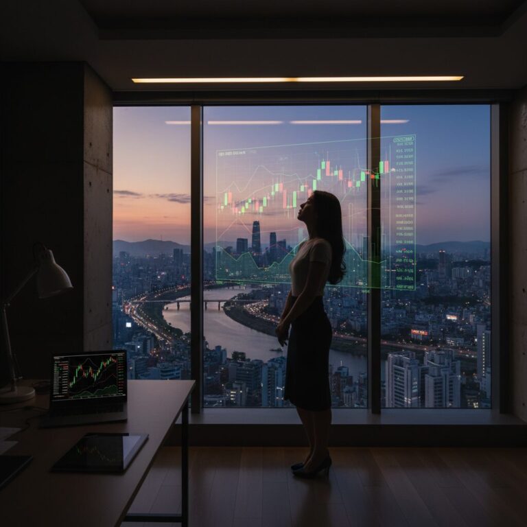 멀리 바라보는 여자의 실루엣과 주식 차트