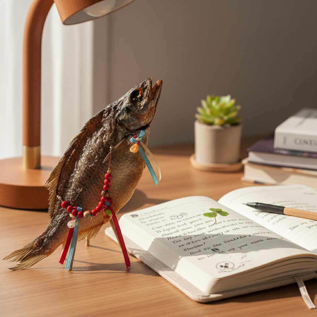 책상 위에 놓인 귀여운 액막이 명태 장식과 다이어리