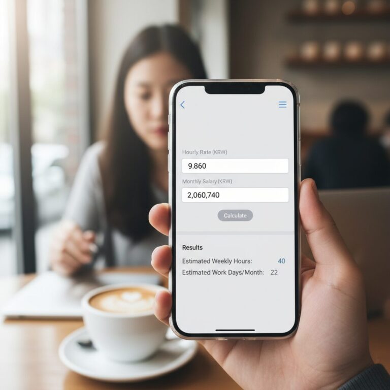 최저임금 계산기 화면 예시, 시급과 월급 입력란이 표시됨