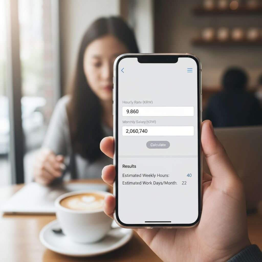 최저임금 계산기 화면 예시, 시급과 월급 입력란이 표시됨
