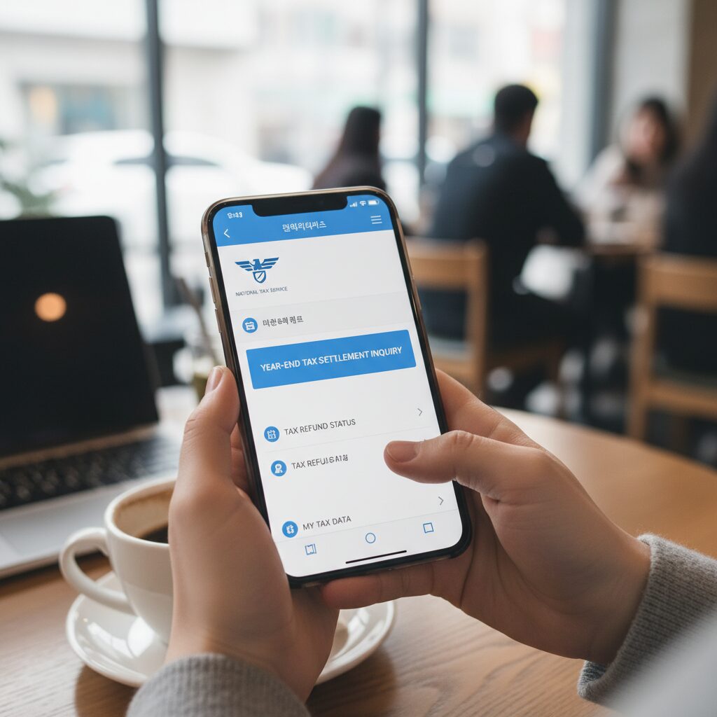 스마트폰 화면에 국세청 앱이 실행되어 있고 연말정산 조회 메뉴가 보이는 이미지