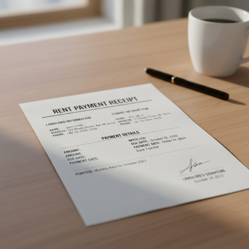 월세 납부 영수증 샘플 사진으로 임대인과 임차인 정보, 금액, 날짜가 기재된 예시
