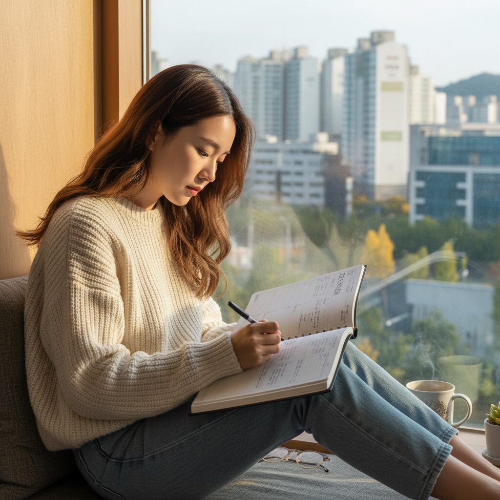 창가에 앉아 2026년 플래너를 쓰고 있는 여성의 모습