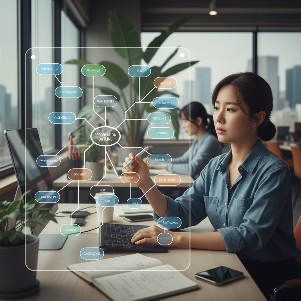 프레젠티 마인드맵 편집 화면으로 PPT 구조를 시각적으로 정리하는 모습