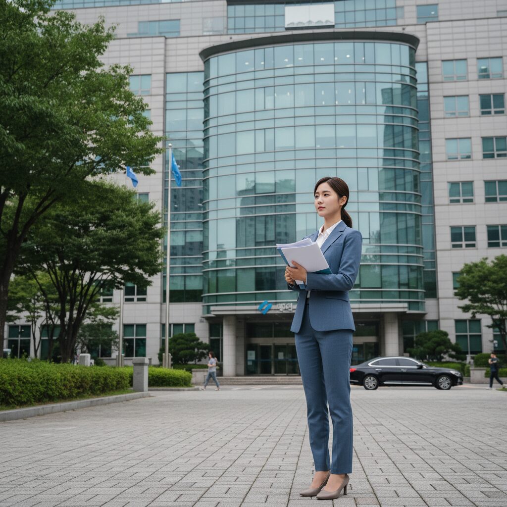 공기업 건물 앞에서 서류를 들고 있는 젊은 여성의 모습