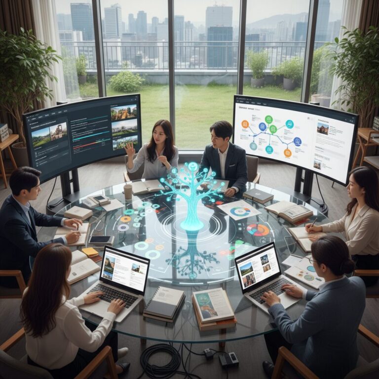 다양한 콘텐츠 형식(동영상, 인포그래픽, 블로그 글)이 하나의 주제를 풍부하게 설명하는 모습