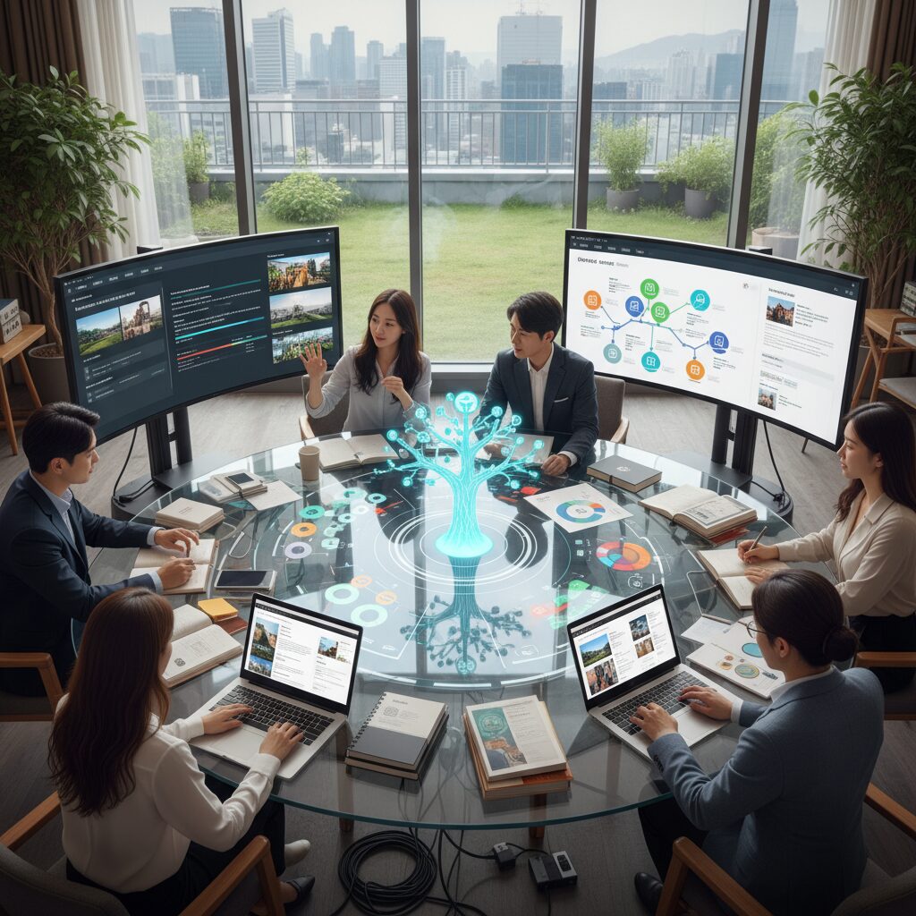 다양한 콘텐츠 형식(동영상, 인포그래픽, 블로그 글)이 하나의 주제를 풍부하게 설명하는 모습