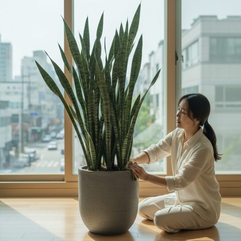 회색 화분에 심겨진 키 큰 산세베리아 식물