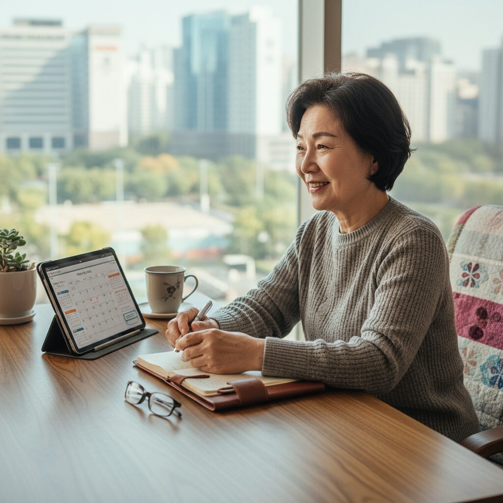 편안한 미소를 지으며 노후를 계획하는 여성