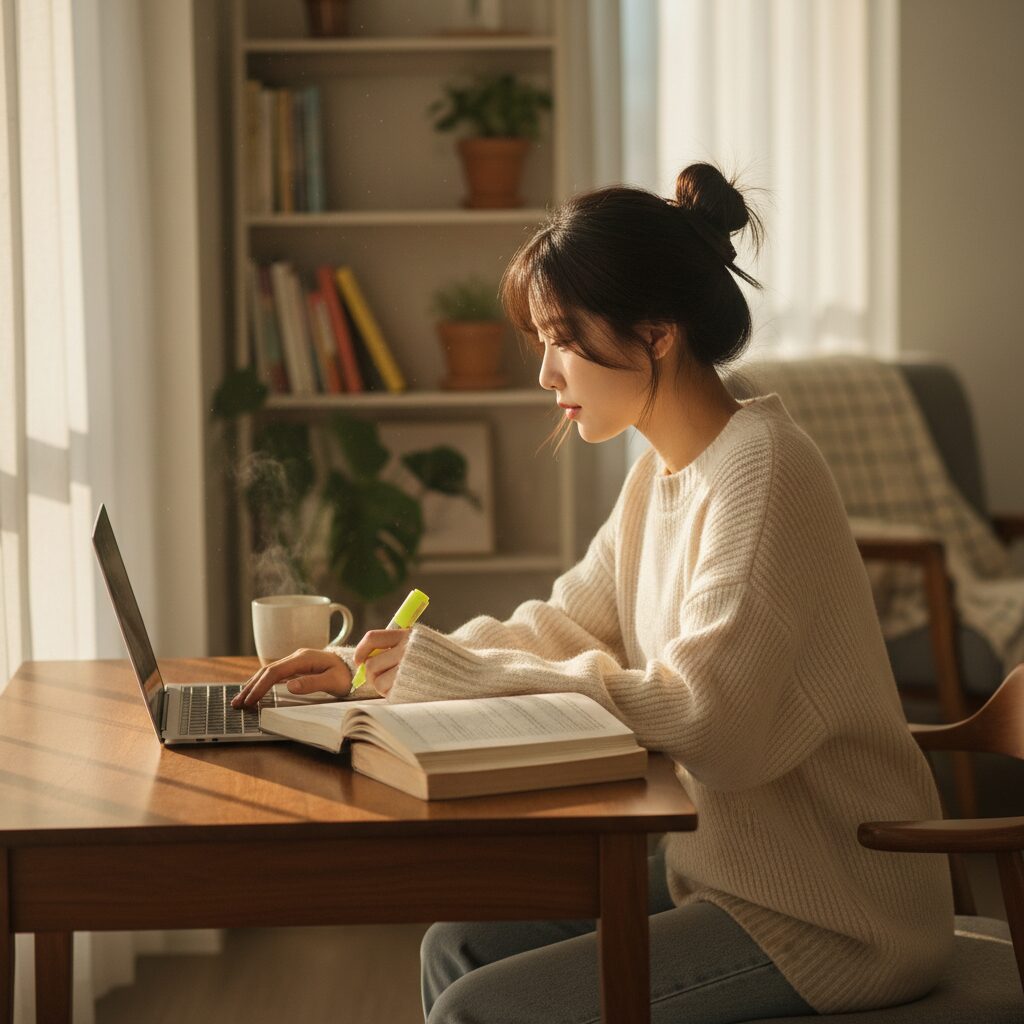 책과 노트북 앞에서 공부하는 젊은 여성