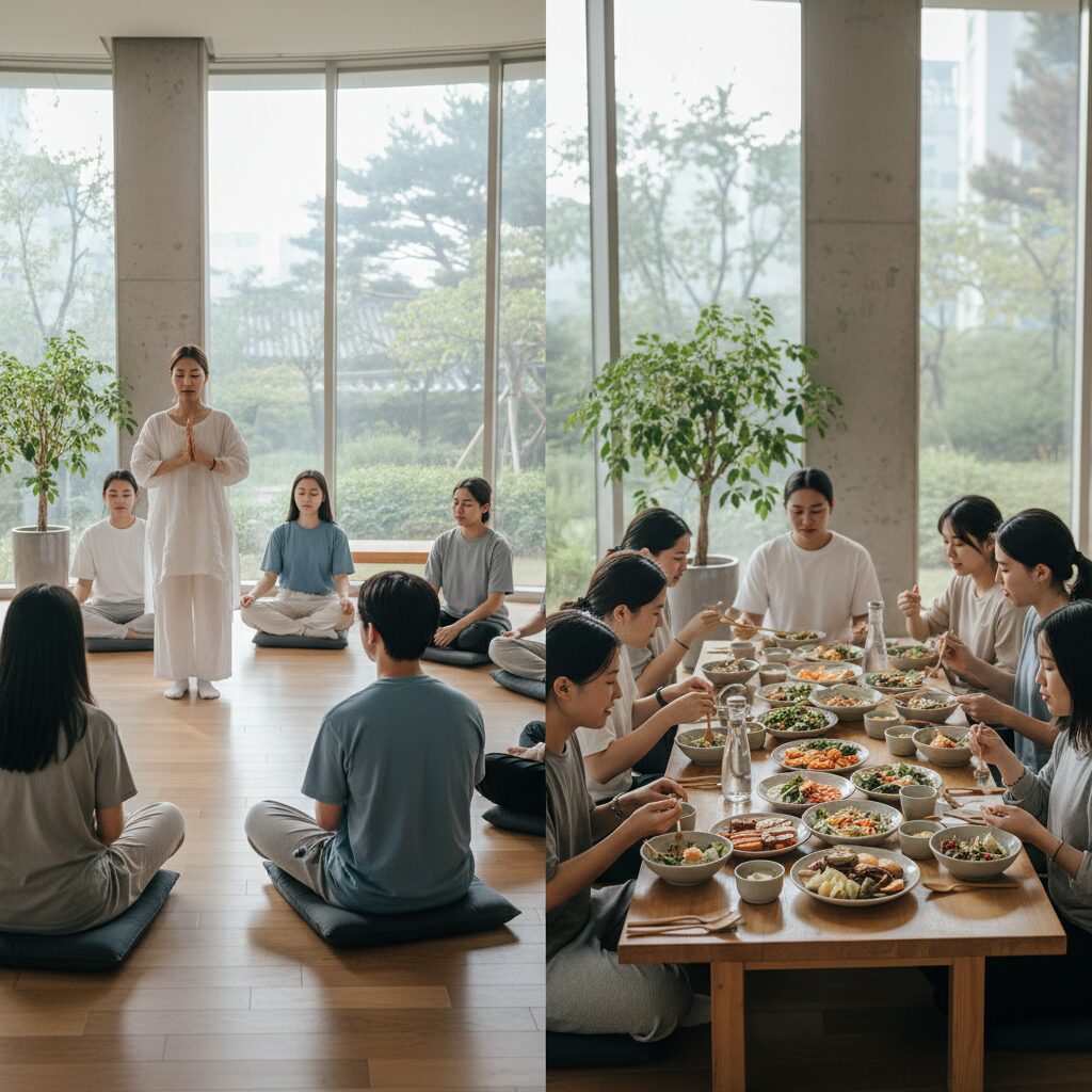 대학생 자기계발 명상캠프에서의 활동과 식사 모습