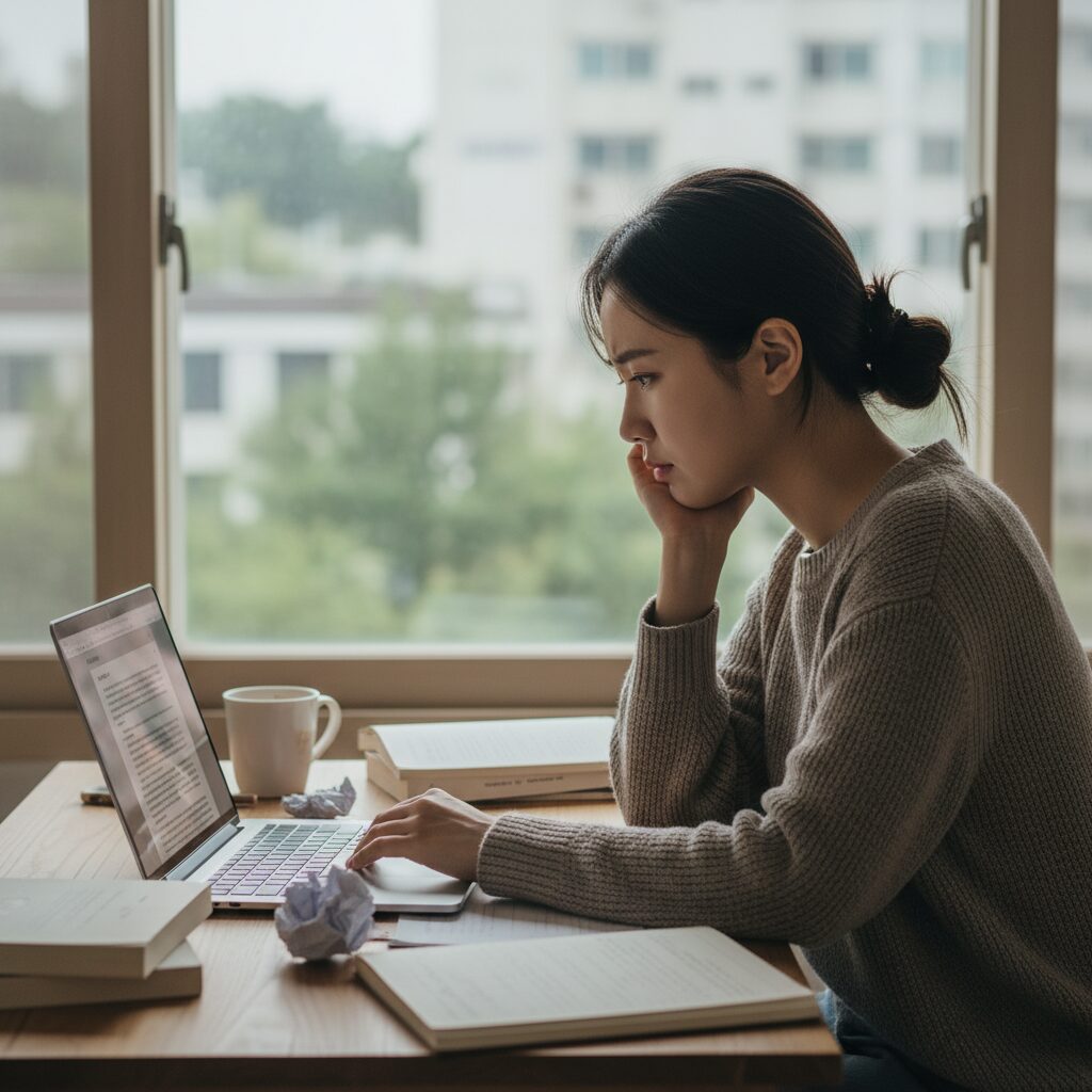 노트북 앞에서 이직 자기소개서를 고민하며 작성하는 여성의 모습