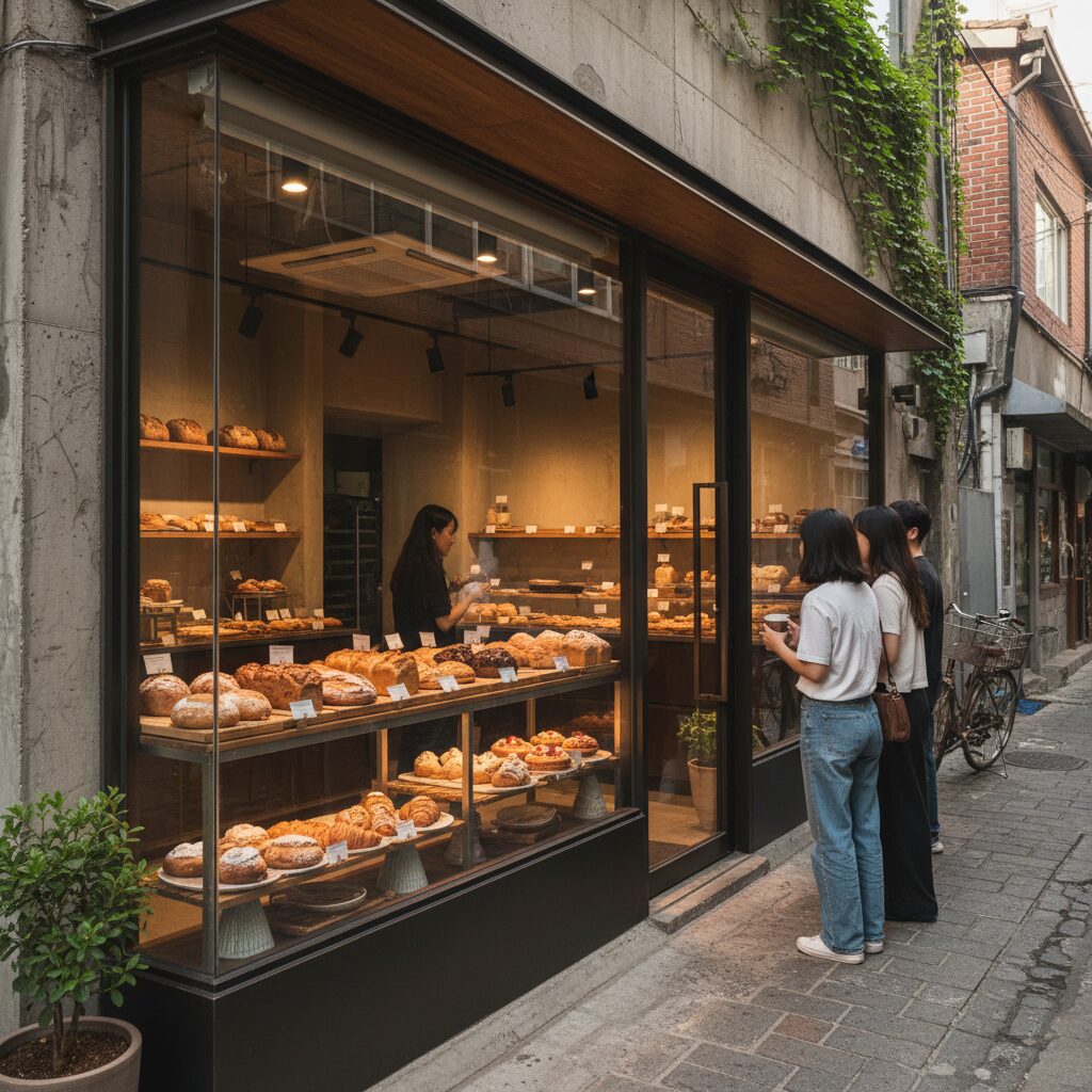 성수동 골목에 위치한 현대적 감각의 베이커리 외관과 진열된 빵들
