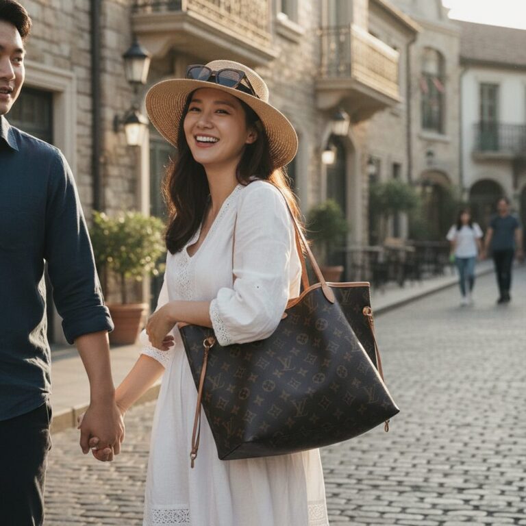 신민아 신혼여행 사진 속 루이비통 온더고 백을 착용한 모습