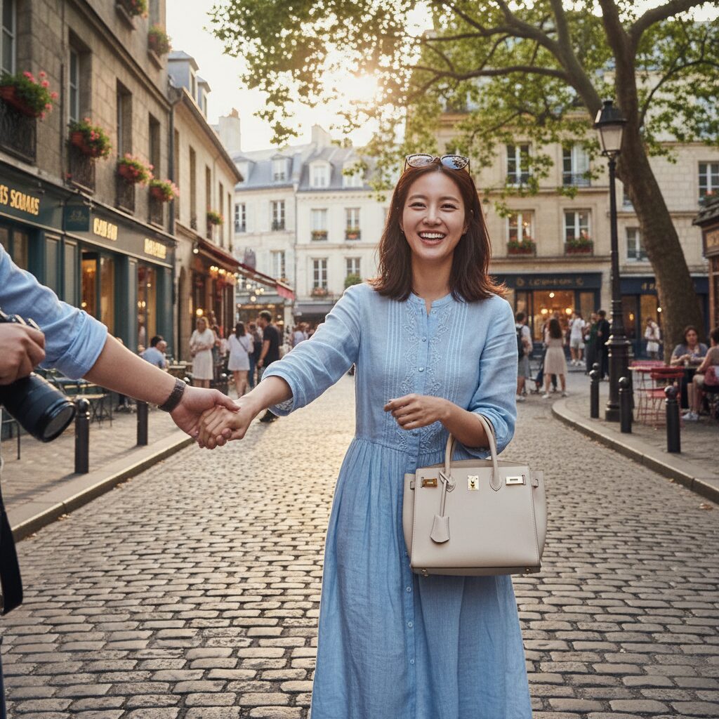 신민아가 루이비통 가방을 들고 있는 신혼여행 스냅샷