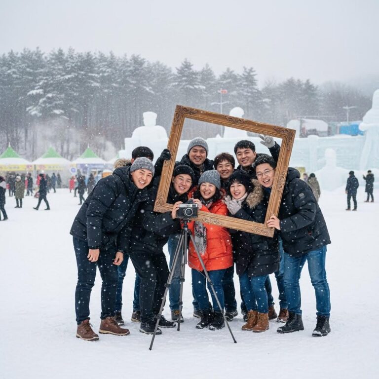 대관령 눈꽃축제에서 추억의 사진을 찍는 모습