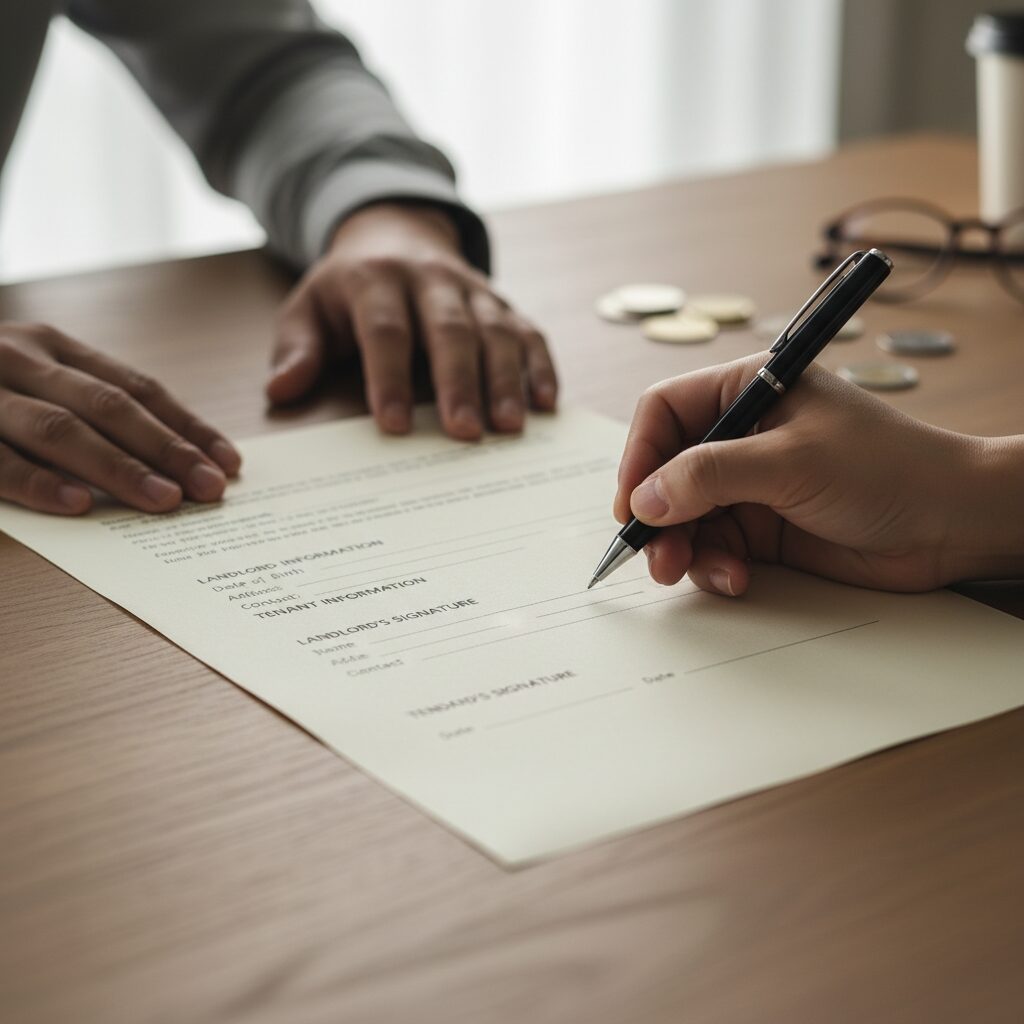 표준 임대차계약서 사진으로 임대인과 임차인 정보란과 서명란이 보이는 예시