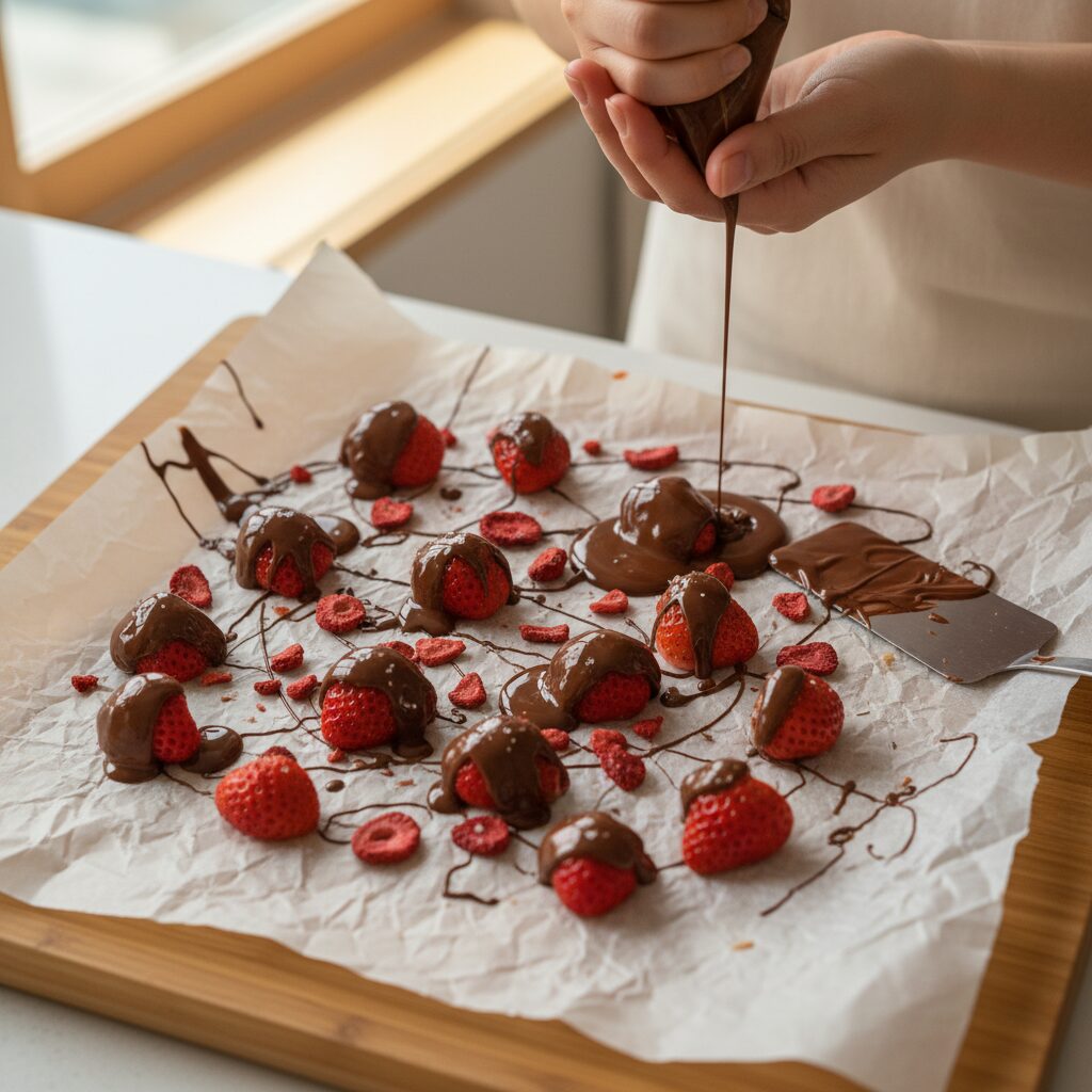 딸기 초콜릿 종이호일 위에 굳히는 과정